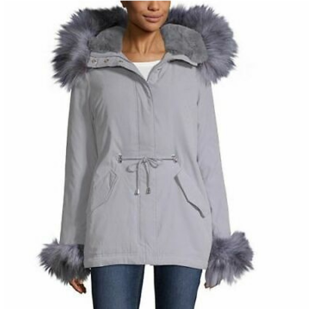 🔥 SALE Gray Microfiber Hooded Anorak Jacket Winter Coat Size Small